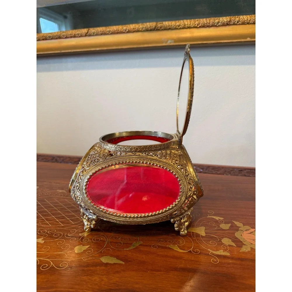 Vintage Ormolu Jewelry Casket Red Velvet Beveled Glass Box - Picture 14 of 17